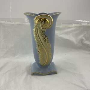Vintage 1940’s  Art Deco Feather Plume blue ceramic vase